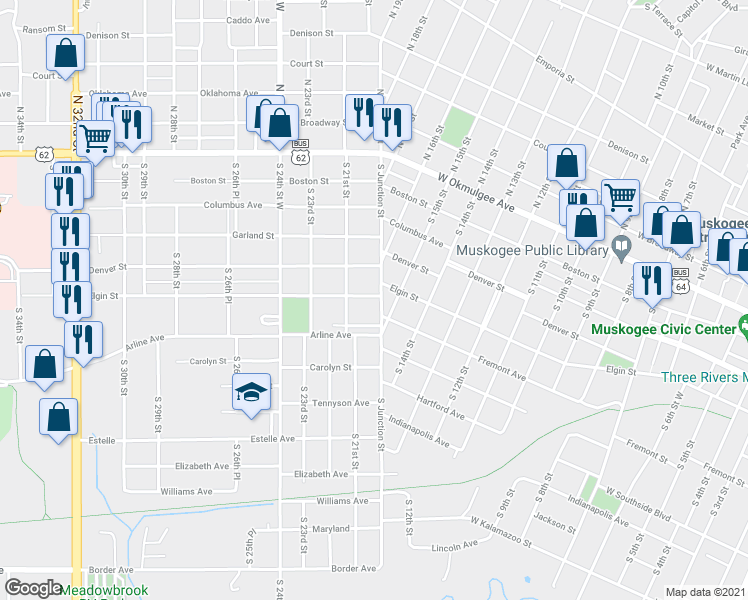 map of restaurants, bars, coffee shops, grocery stores, and more near 2021 Elgin Street in Muskogee