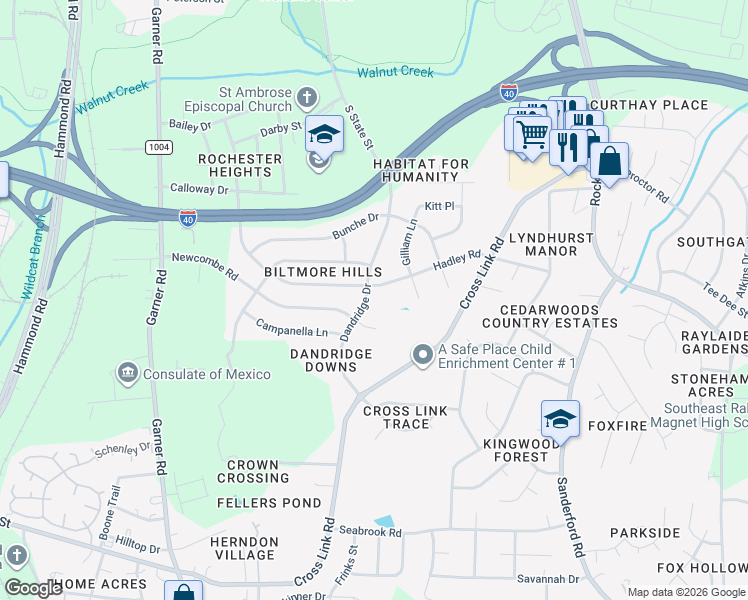 map of restaurants, bars, coffee shops, grocery stores, and more near 2313 Dandridge Drive in Raleigh