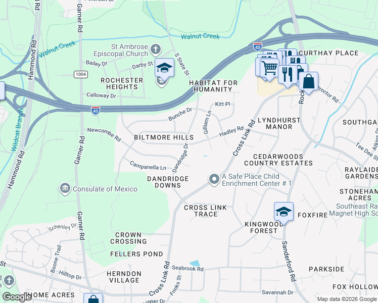 map of restaurants, bars, coffee shops, grocery stores, and more near 2313 Dandridge Drive in Raleigh