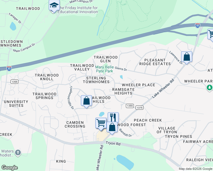 map of restaurants, bars, coffee shops, grocery stores, and more near 2605 Buck Spring Court in Raleigh