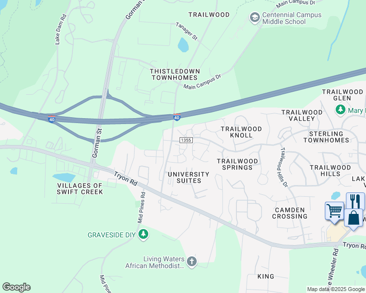 map of restaurants, bars, coffee shops, grocery stores, and more near 2020 University Woods Road in Raleigh