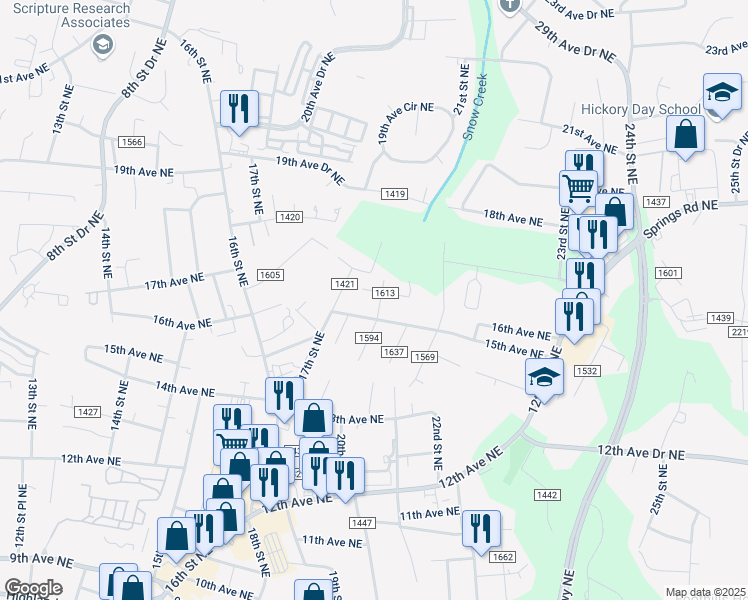 map of restaurants, bars, coffee shops, grocery stores, and more near 1891 15th Avenue Northeast in Hickory