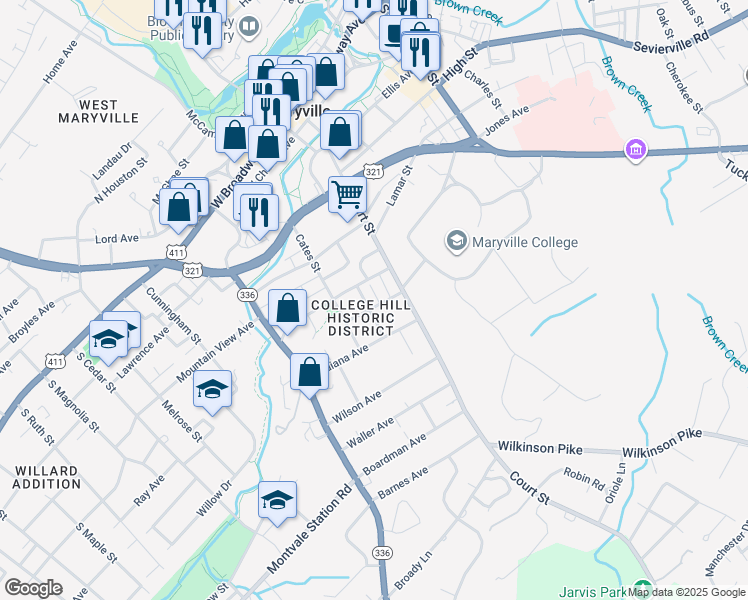 map of restaurants, bars, coffee shops, grocery stores, and more near 144 Stanley Avenue in Maryville