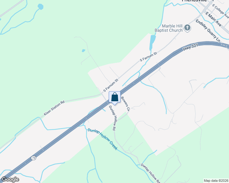 map of restaurants, bars, coffee shops, grocery stores, and more near 3614 West Lamar Alexander Parkway in Friendsville