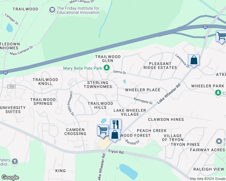 map of restaurants, bars, coffee shops, grocery stores, and more near 2623 Broad Oaks Place in Raleigh
