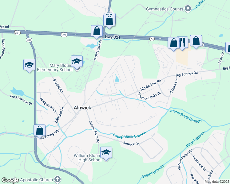map of restaurants, bars, coffee shops, grocery stores, and more near 116 Mimosa Circle in Maryville