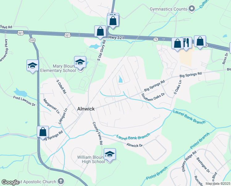map of restaurants, bars, coffee shops, grocery stores, and more near 253 Mimosa Circle in Maryville