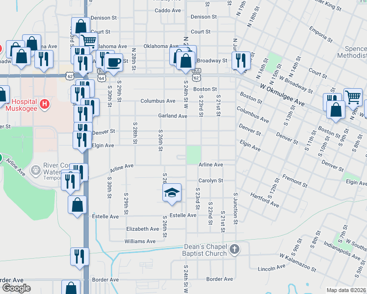 map of restaurants, bars, coffee shops, grocery stores, and more near 2411 Elgin Street in Muskogee