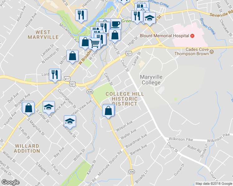map of restaurants, bars, coffee shops, grocery stores, and more near 698 Cates Street in Maryville