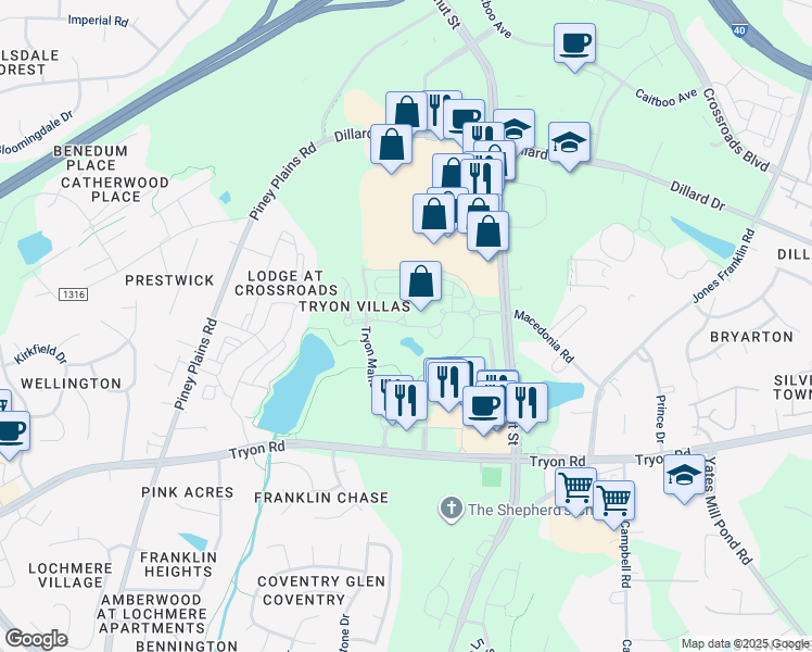 map of restaurants, bars, coffee shops, grocery stores, and more near Woodfield Lake Road in Cary