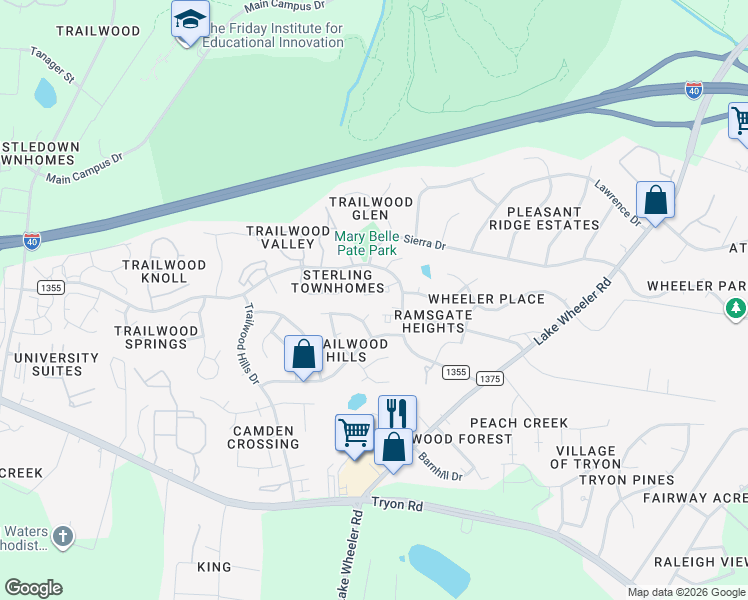 map of restaurants, bars, coffee shops, grocery stores, and more near 2605 Buck Spring Court in Raleigh