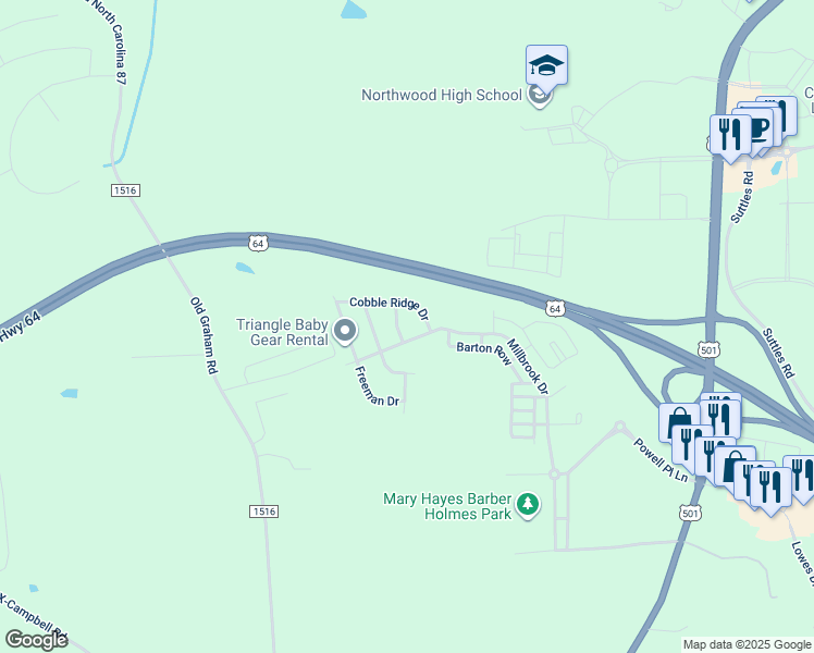 map of restaurants, bars, coffee shops, grocery stores, and more near 30 Dunmore Lane in Pittsboro