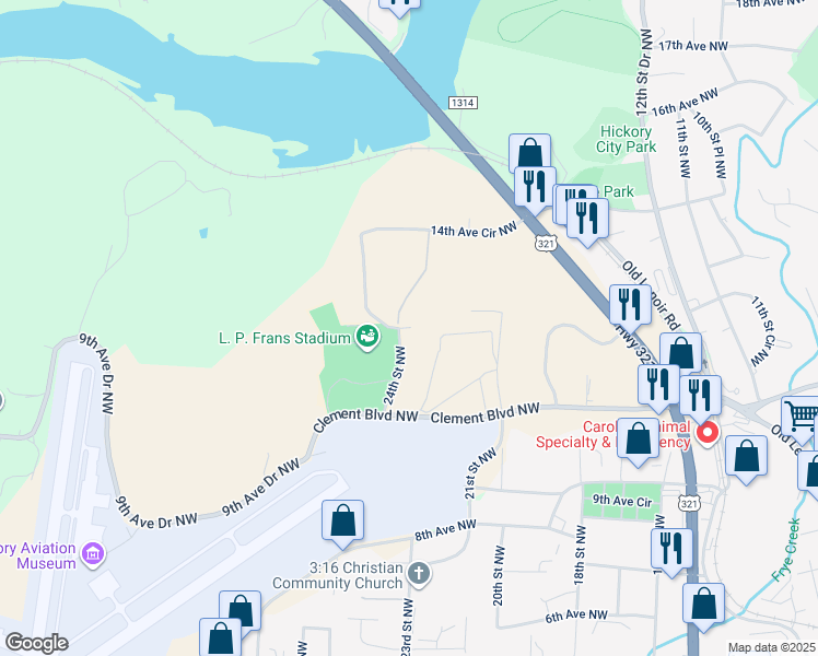 map of restaurants, bars, coffee shops, grocery stores, and more near 1149 14th Avenue Circle Northwest in Hickory