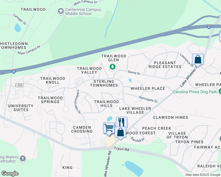map of restaurants, bars, coffee shops, grocery stores, and more near 2655 Broad Oaks Place in Raleigh