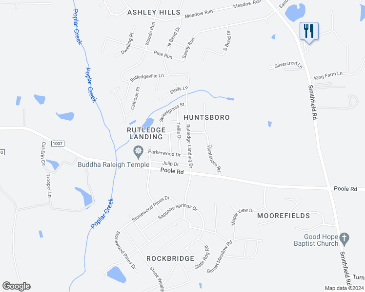 map of restaurants, bars, coffee shops, grocery stores, and more near 1149 Tellis Drive in Knightdale