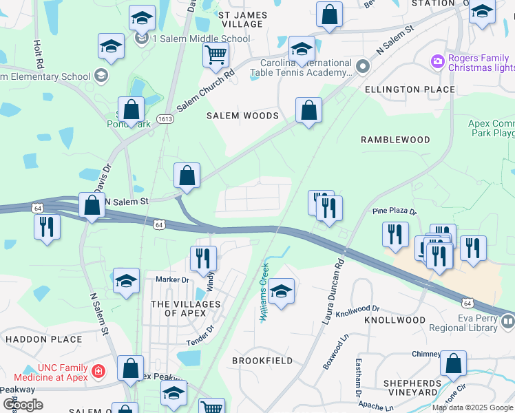 map of restaurants, bars, coffee shops, grocery stores, and more near 1047 Lathrop Lane in Apex