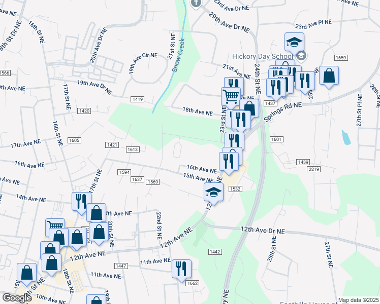 map of restaurants, bars, coffee shops, grocery stores, and more near 1510 21st Street Northeast in Hickory