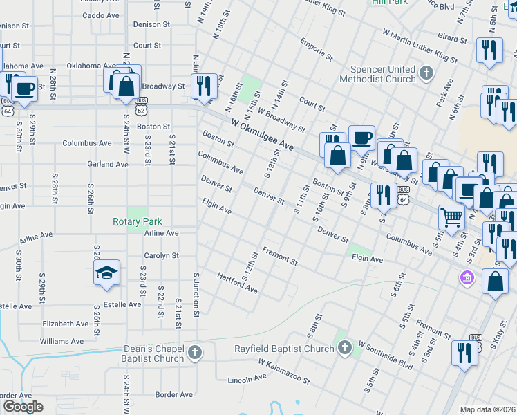 map of restaurants, bars, coffee shops, grocery stores, and more near 419 South 12th Street in Muskogee
