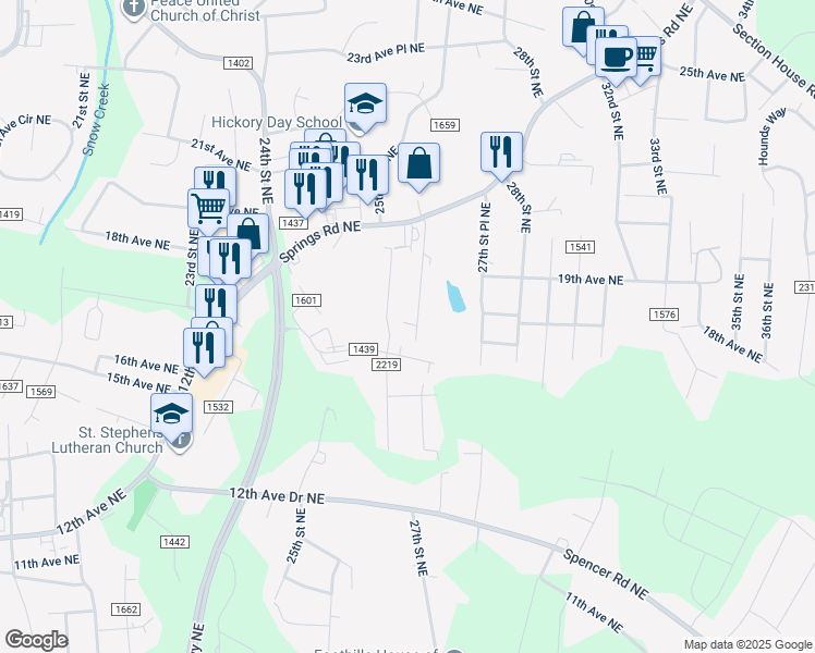 map of restaurants, bars, coffee shops, grocery stores, and more near 2611 17th Avenue Northeast in Hickory