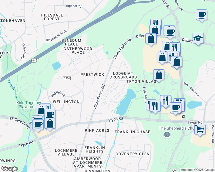 map of restaurants, bars, coffee shops, grocery stores, and more near 6005 Scarlet Sky Lane in Cary