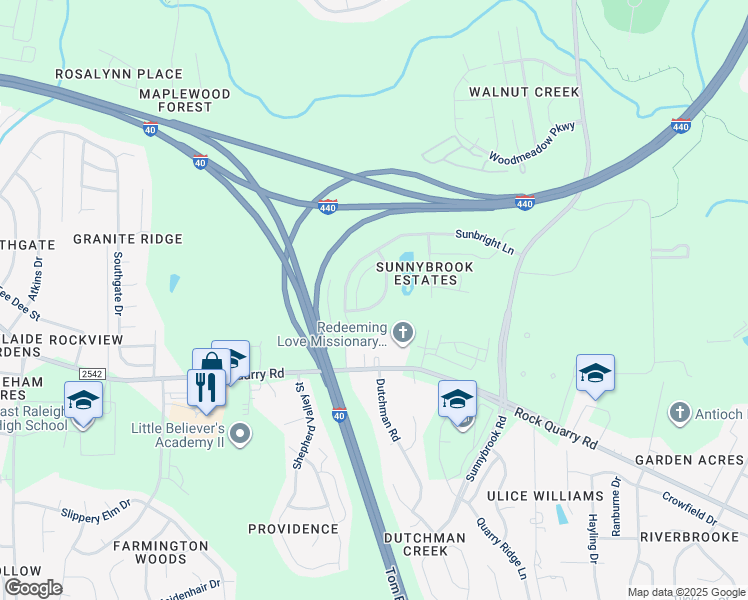 map of restaurants, bars, coffee shops, grocery stores, and more near 2203 Sunny Cove Drive in Raleigh