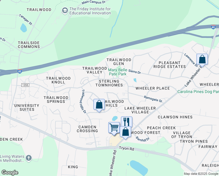 map of restaurants, bars, coffee shops, grocery stores, and more near 2413 Horizon Hike Court in Raleigh