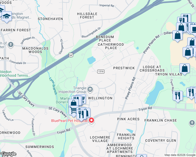 map of restaurants, bars, coffee shops, grocery stores, and more near 101 Park James Way in Cary