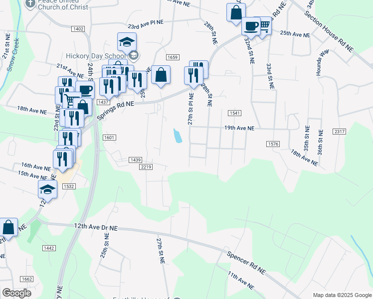 map of restaurants, bars, coffee shops, grocery stores, and more near 1759 27th Street Place Northeast in Hickory