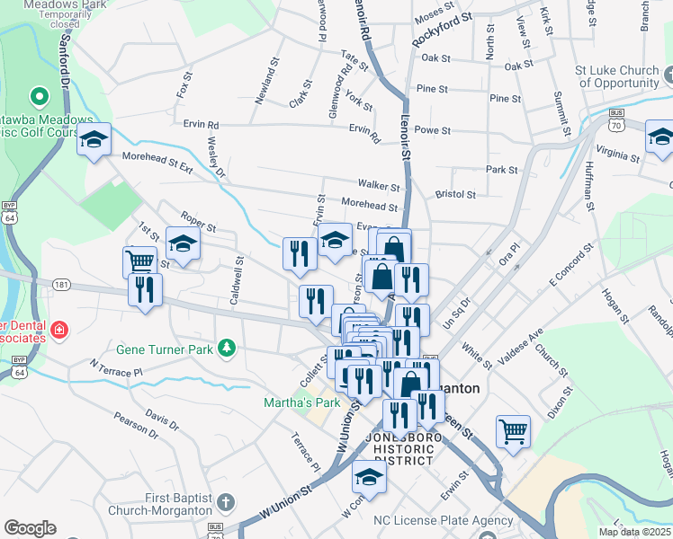 map of restaurants, bars, coffee shops, grocery stores, and more near in Morganton
