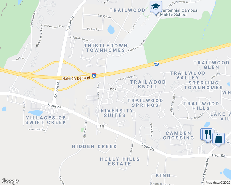 map of restaurants, bars, coffee shops, grocery stores, and more near 2232 Long and Winding Road in Raleigh
