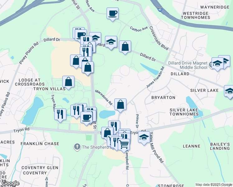map of restaurants, bars, coffee shops, grocery stores, and more near 2721 Macedonia Road in Cary