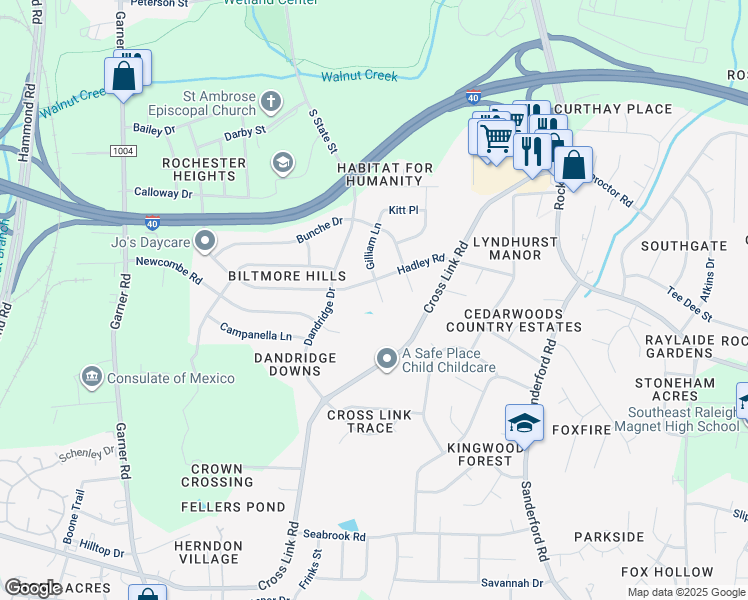 map of restaurants, bars, coffee shops, grocery stores, and more near 2208 Gilliam Lane in Raleigh