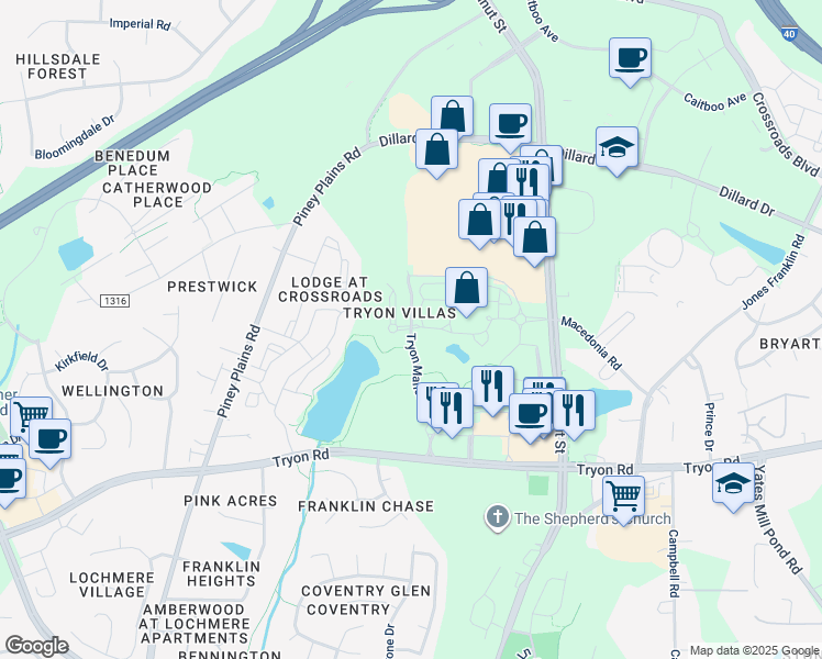 map of restaurants, bars, coffee shops, grocery stores, and more near Tryon Manor Dr & Woodfield Lake Rd in Cary