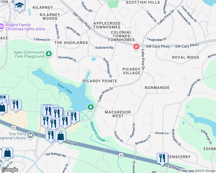 map of restaurants, bars, coffee shops, grocery stores, and more near 105 Bridgeway Court in Cary