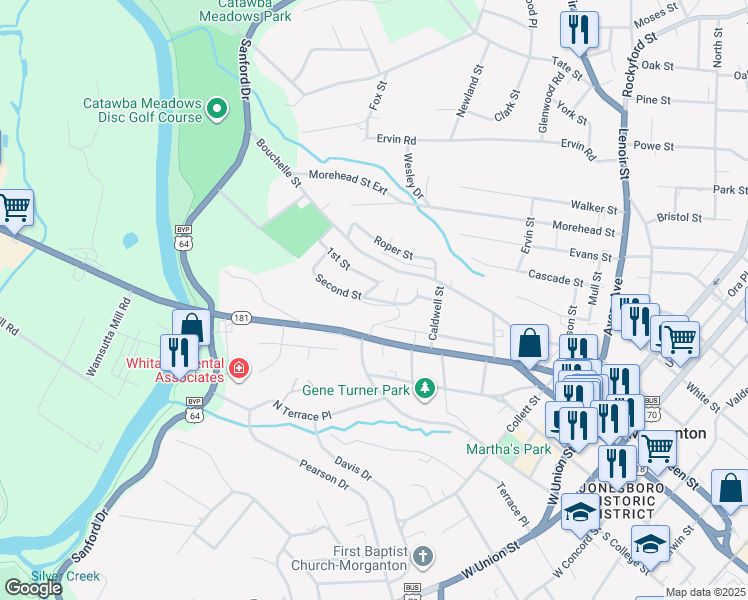 map of restaurants, bars, coffee shops, grocery stores, and more near 533 2nd Street in Morganton