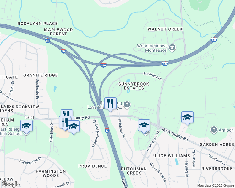 map of restaurants, bars, coffee shops, grocery stores, and more near 2203 Sunny Cove Drive in Raleigh