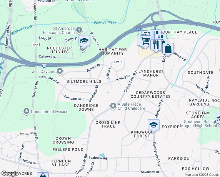 map of restaurants, bars, coffee shops, grocery stores, and more near 2208 Gilliam Lane in Raleigh