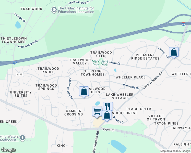 map of restaurants, bars, coffee shops, grocery stores, and more near 2705 Sterling Park Drive in Raleigh