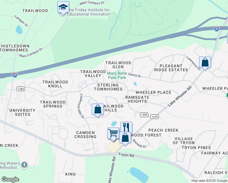 map of restaurants, bars, coffee shops, grocery stores, and more near 2413 Horizon Hike Court in Raleigh