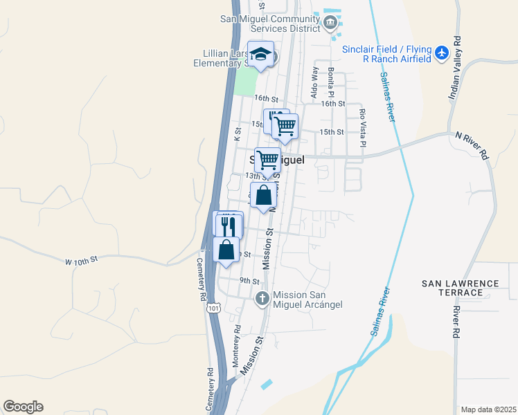 map of restaurants, bars, coffee shops, grocery stores, and more near 346 12th Street in San Miguel