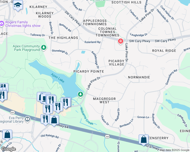 map of restaurants, bars, coffee shops, grocery stores, and more near 105 Bridgeway Court in Cary