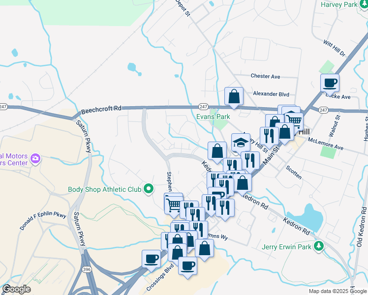 map of restaurants, bars, coffee shops, grocery stores, and more near 100 Bergen Drive in Spring Hill