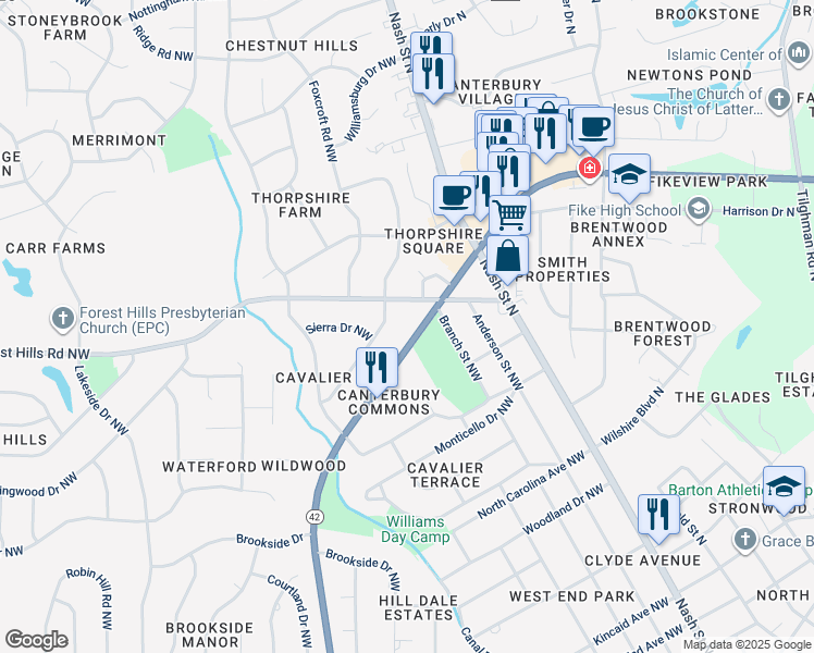 map of restaurants, bars, coffee shops, grocery stores, and more near 2559 Ward Boulevard in Wilson