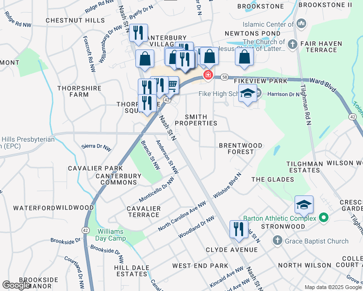 map of restaurants, bars, coffee shops, grocery stores, and more near 1814 Nash Street Northwest in Wilson