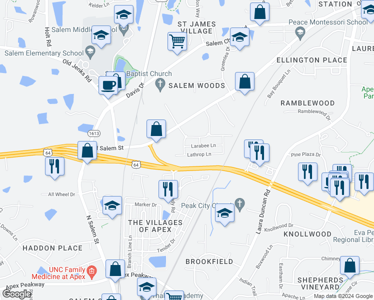 map of restaurants, bars, coffee shops, grocery stores, and more near 825 Amley Place in Apex