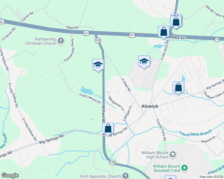 map of restaurants, bars, coffee shops, grocery stores, and more near 112 Rouen Court in Maryville