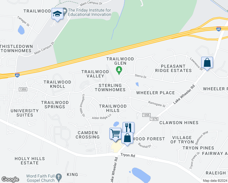 map of restaurants, bars, coffee shops, grocery stores, and more near 2703 Sterling Park Drive in Raleigh