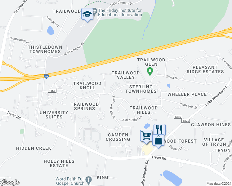 map of restaurants, bars, coffee shops, grocery stores, and more near 2308 Trailwood Hills Drive in Raleigh