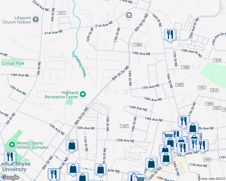 map of restaurants, bars, coffee shops, grocery stores, and more near 1760 8th Street Drive Northeast in Hickory