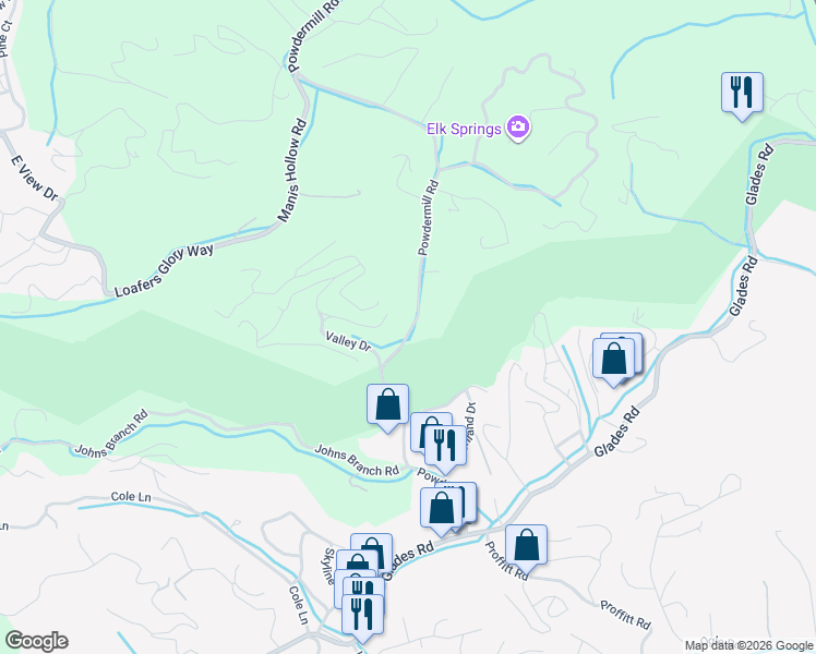map of restaurants, bars, coffee shops, grocery stores, and more near 937 Powdermill Road in Gatlinburg